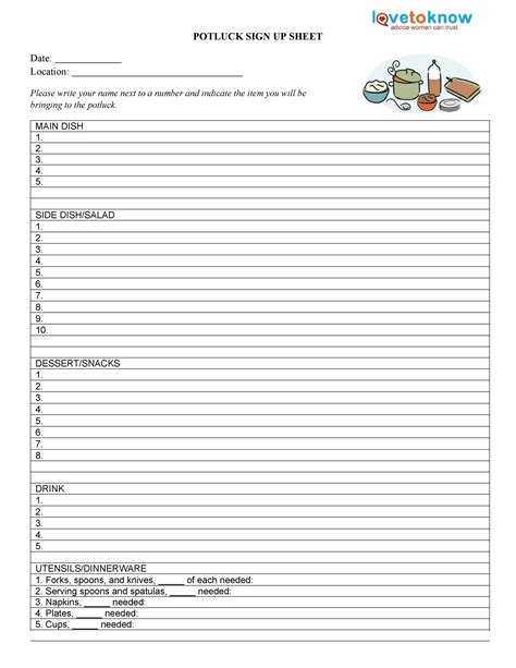 Potluck Printable Sign Up Sheet