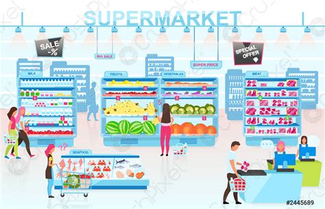 Supermarket interior flat vector illustration People buying goods in grocery - stock vector ...