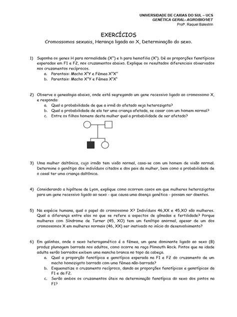 Exercicios Cromossomos - Exercícios sobre Cromossomos e Herança | PDF | Sexo | Cromossomo