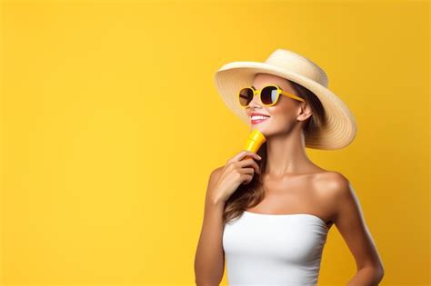 Premium Ai Image Beautiful Woman Applying Sunscreen One Color Background