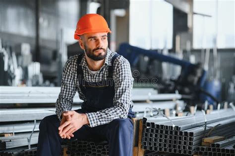 Factory Worker Measures The Metal Profile Stock Image Image Of