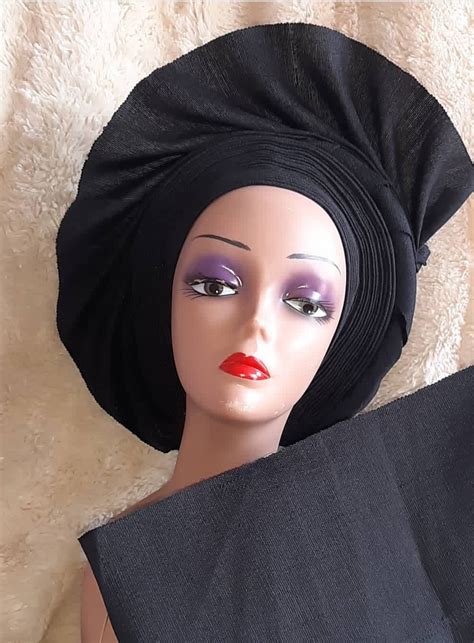 Autogele Pre Tied Gele Headwrap Black Aso Oke Fabrics By Sereneafric