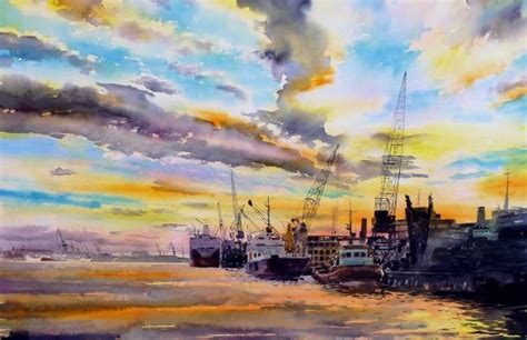 River Tyne Sunset - Original Watercolour Painting - Alan Reed Art