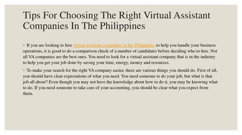 Ppt Tips For Choosing The Right Virtual Assistant Companies In The Philippines Powerpoint