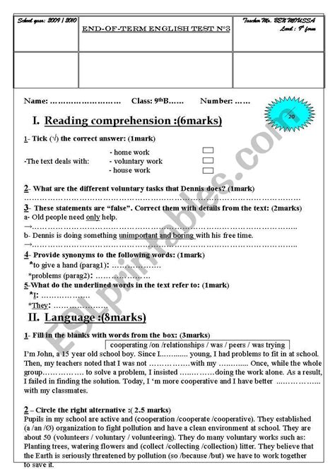 Th Year End Term Test N For Tunisian Pupils Esl Worksheet By Aymeness