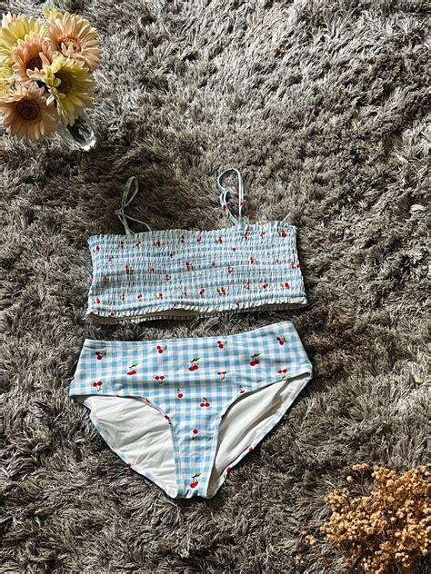 BLUE GINGHAM PATTERN WITH RED CHERRIES BIKINI SET Women S Fashion
