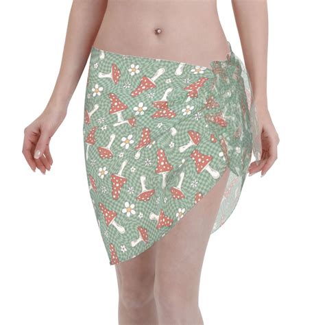 Adobk Women Beach Sarong Bathing Suit Retro Hippie Groovy Mushroom Print Wrap Skirt Sheer Bikini