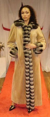 Camel Sheared Full Length Mink Coat Chinchilla Chinchilla Trim