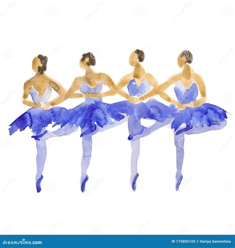 Hand Drawn Watercolor Illustration Dancing Ballerinas In Blue Stock