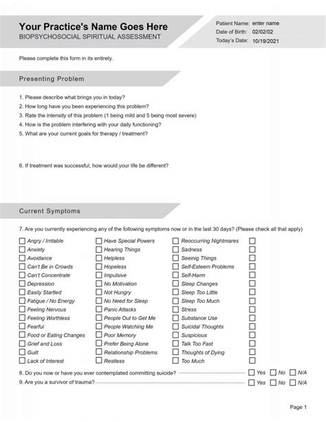 Biopsychosocial Spiritual Assessment Editable Fillable Printable PDF