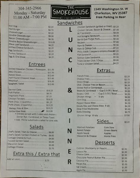 Menu at Smokehouse restaurant, Charleston