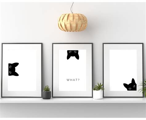 Set Of 3 Black Cat Wall Art Cute Cat Art Print Funny Wall Etsy