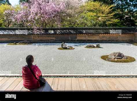 Japanese Tourists Enjoy Tranquility At Ryoanji Temple In Kyoto Japan