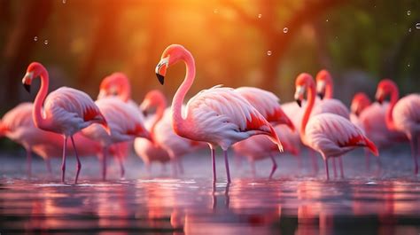 Premium Photo Flock Of Pink Caribbean Flamingos In Water