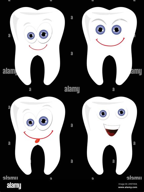 Happy Tooth Avec Dents Souriantes Isolées Sur Fond Noir Vecteur Jeu D