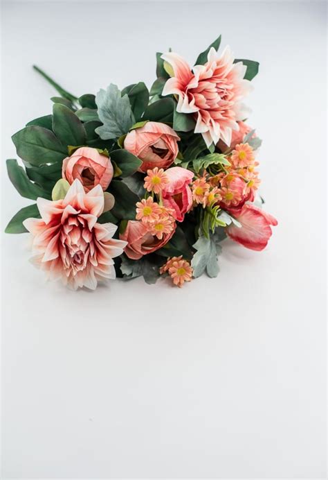 Peach dahlia mixed artificial flower bush - Greenery Market