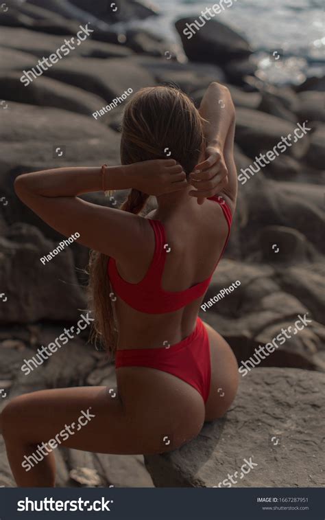 Стоковая фотография Sexy Body Tanned Brunette Red Bikini Shutterstock