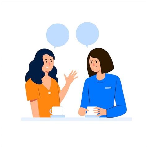 Two Women Sitting At A Table Talking To Each Other With Speech Bubbles