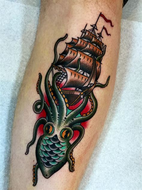 Traditional Kraken Attacking Ship Tattoo - TATTOOGOTO