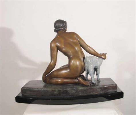 French Bronze Nude Art Deco Statue Female Figurine Lamb Sheep