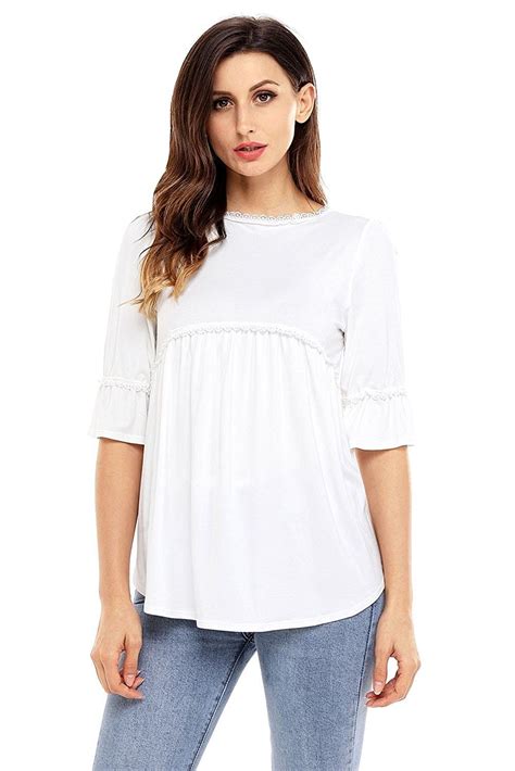 Womens 34 Sleeve Tunic Top Round Neck Casual Blouse White