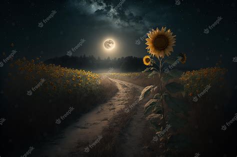 Premium Photo Sunflower Footpath Night Moon