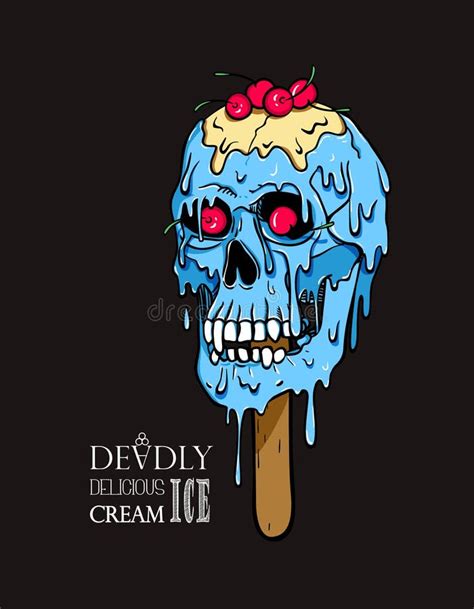 Skull Ice Cream Melts And Flows Eat Jam With Spoon Of The Skull Stock