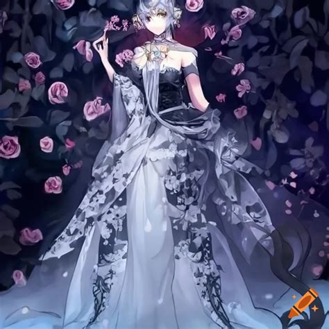 Regal Anime Queen In Black Rose Filled Gown In A Night Rose Garden On