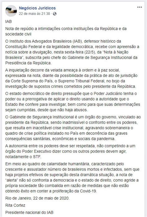 Nota De Repúdio A Intimidações Contra Instituições Da República E Da