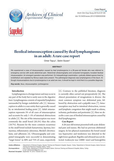 Pdf Ileoileal Intussusception Caused By Ileal Lymphangioma In An Adult A Rare Case Report