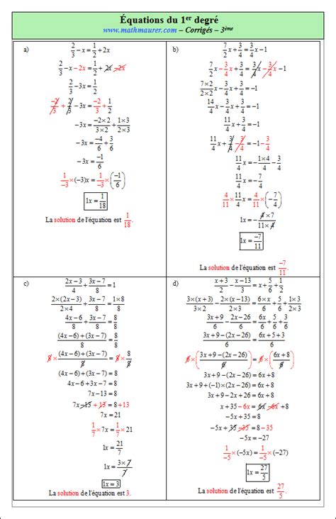 Exercices corrigés sur les équations du premier degré à une inconnue en