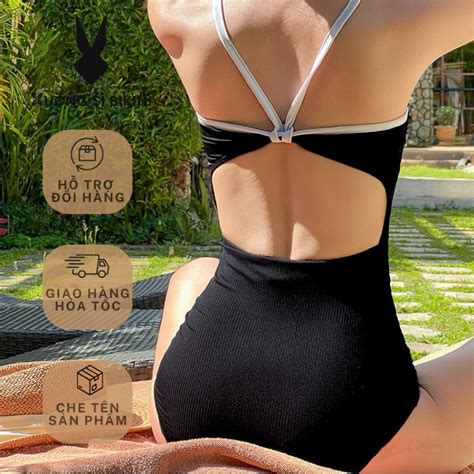 ĐỒ BƠI CAO CẤP Bikini liền mảnh đi biển màu đen viền trắng khoét lưng DÂY CHỮ V sang chảnh