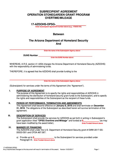 Fillable Online SUBRECIPIENT AGREEMENT OPERATION STONEGARDEN Fax