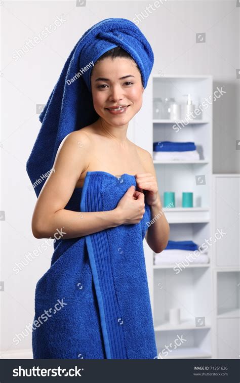 Beautiful Japanese Woman Wearing Towel On Head After A Shower Stock