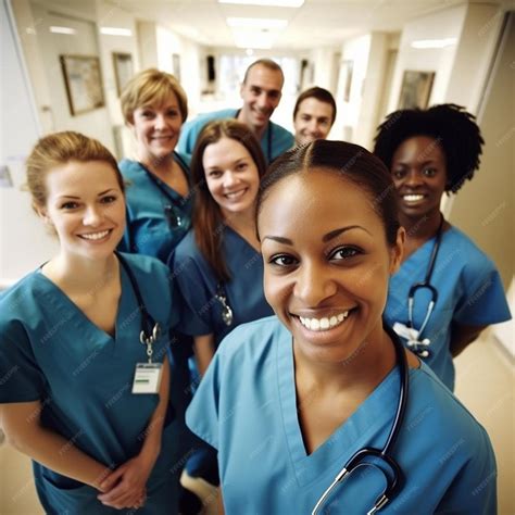 Premium Photo | Group portrait of healthcare workers in hospital corridor