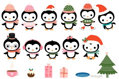 Christmas penguins clipart set, Cute penguin clip art collection ...