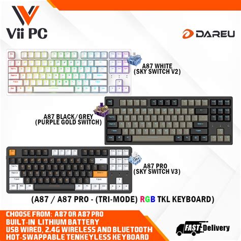 Dareu A87 A87 PRO Tri Mode Connection 100 Hot Swappable RGB LED Backlit Mechanical Gaming