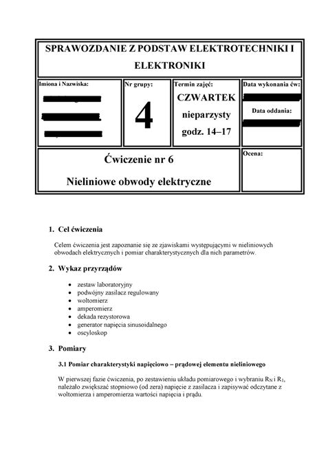 Nieliniowe Obwody Elektryczne Sprawozdanie Z Podstaw Elektrotechniki