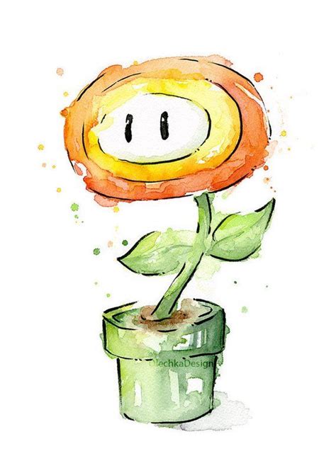 Fire Flower Watercolor Art Print Mario Bros Painting Videogame - Etsy ...