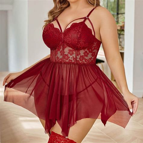 Crunowin Plus Size Lingerie Lace For Women Strap Chemise Nightgown V Neck Nighty Mesh Sleepwear