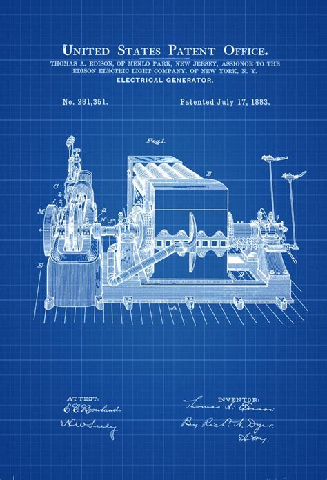 Edison Electric Generator Patent 1883 Patent Print Edison Patent