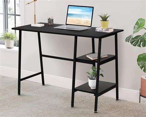 Computer Table With 2 Storage Shelves, Study Writing Wooden Table With 2 Tier Shelves, Modern ...