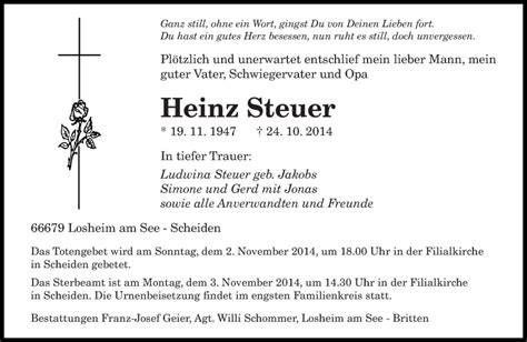 Traueranzeigen Von Heinz Steuer Saarbruecker Zeitung Trauer De