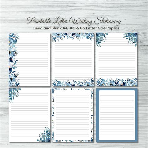 Printable Blue Floral Letter Writing Set Us Letter A4 And A5 Etsy Canada