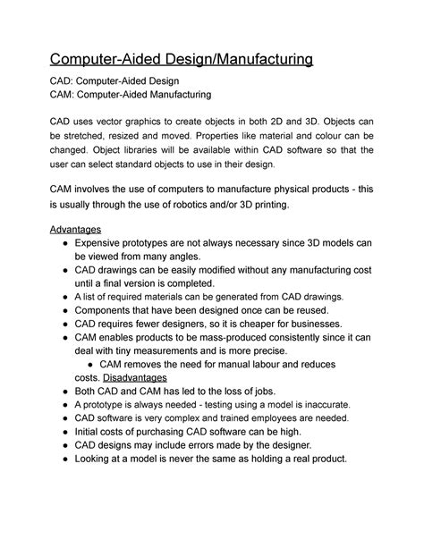 CAD CAM Lecture Notes Computer Aided Design Manufacturing CAD