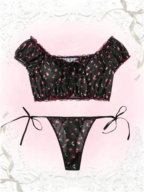 Kawaii Plus Cherry Print Mesh Lingerie Set Shein Usa