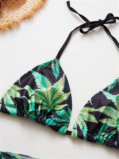 Emmiol Free Shipping Leaf Print Halter Bikini Set Green L In