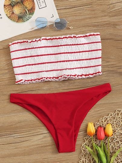 Striped Smocked Bandeau With Hipster Bikini Set With Images Bandeau