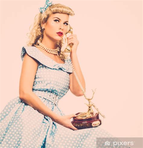 Sticker Sexy Blonde Pin Up Stijl Jonge Vrouw In Blauwe Jurk PIXERS NL