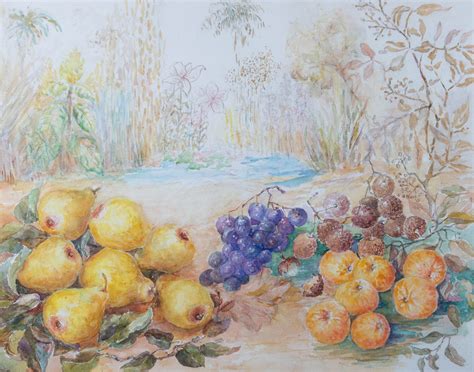 Th Century Watercolour Still Life Fruit In A Landscape Kunst